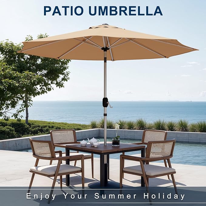 10FT Aluminum Outdoor Patio Umbrella, Fade-Resistant Market Umbrella with Push Button Tilt Function, 8 Sturdy All-Aluminum Ribs for Gardens, Patios, Backyards & Pools