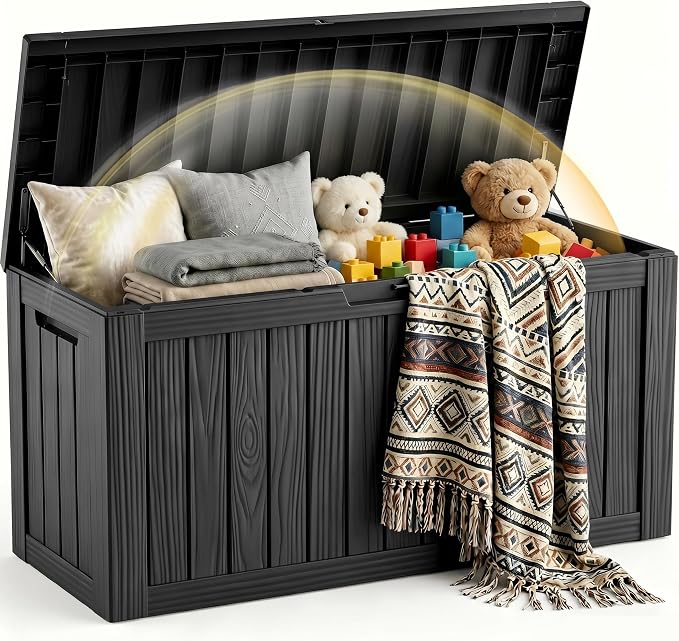 EFU Outdoor Storage Box 120 Gallon Deck Box (Indoor & Outdoor) Lockable UV Resistance Waterproof Resin Storage Bin Storage Box for Outdoor,Patio Storage With Support Rod(Black)