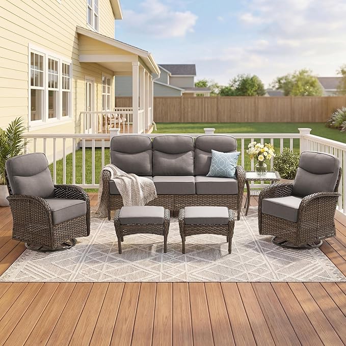 Outdoor Swivel Rocking Chair Patio Set (6-Piece), High-Back - Thick Cushion Swivel Rocking Chair Patio Set, All-Weather Wicker Patio Furniture Set, Suitable for Balcony Patios, Brown/Gery