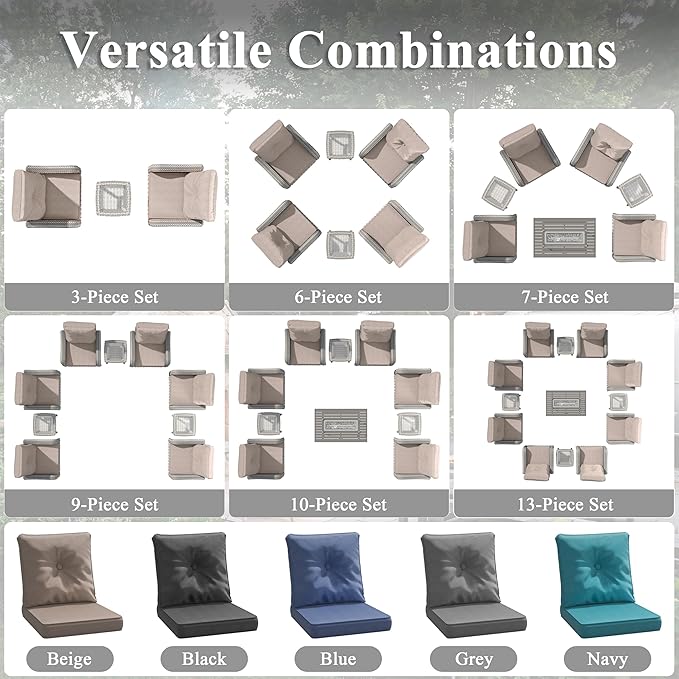 9 Piece Wicker Patio Furniture Set, Swivel Rocking Chairs with 4''Cushions, PE Rattan, Rust Resistant Frame, Double Layer Glass Side Table, for Backyard, Deck or Balcony, Beige