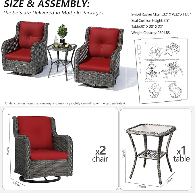 Outdoor 360 Degree Swivel Rocker Patio Chairs Sets of 2 and Matching Side Table - 3 Piece Patio Wicker Glider Chairs with Olefin Cushions(Mixed Grey/Red)