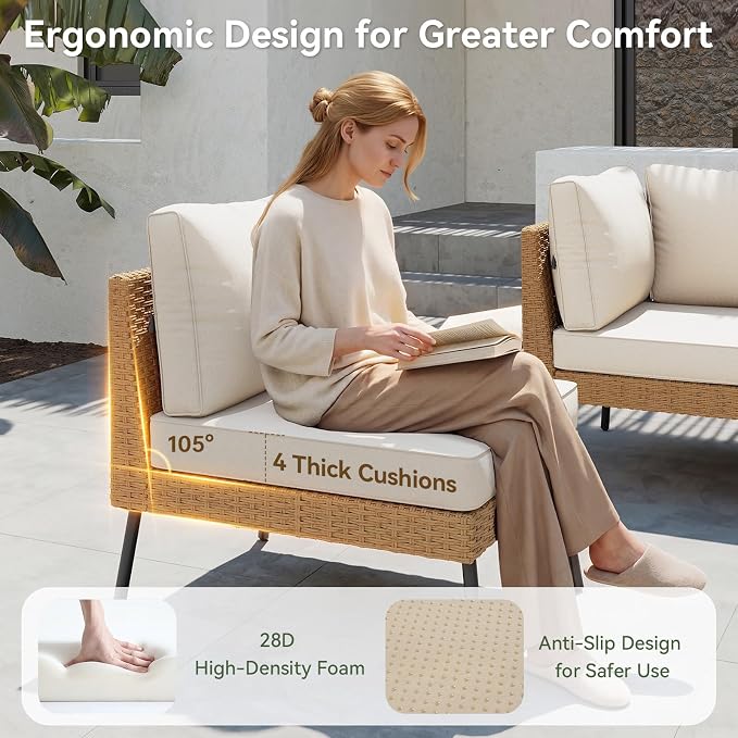 Aoxun Patio Furniture Set, 7 Piece Outdoor Sectional Sofas with Thick Cushion, Wicker Outdoor Patio Furniture Set with Coffee Table for Party, Garden, Backyard, Beige