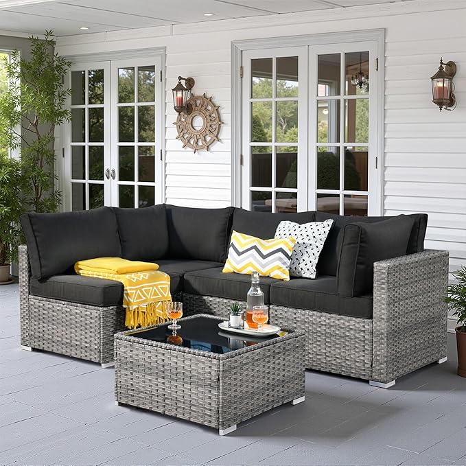 5 PCS Outdoor Patio Furniture Sets,Wicker Weather Resistant Patio Conversation Set with Comfy Cushions,Modular L Shaped Sofa with Coffee Table for Yard Backyard Porch Garden Poolside,Black