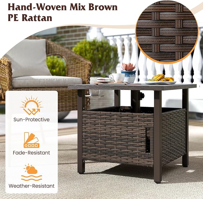 HAPPYGRILL Outdoor Side Table with 1.93" Umbrella Hole, Patio Umbrella Stand with Zinc-Iron Alloy Tabletop, Rustproof Metal Frame, PE Rattan End Table for Deck Garden Yard Poolside (with Sand Bag)