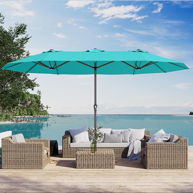 PatioKingdom 15FT Large Patio Umbrella with Base, Double Sided Rectangular Outdoor Umbrella with Sturdy Fiberglass Ribs, Market Umbrella for Pool,Garden,Backyard,Deck (Peacock Blue, 15FT)