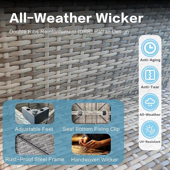 7-Piece Modular Outdoor Sectional Wicker Patio Conversation Set with Glass-Top Coffee Table, All-Weather Rattan and Cushion Fabric – Gray/Navy