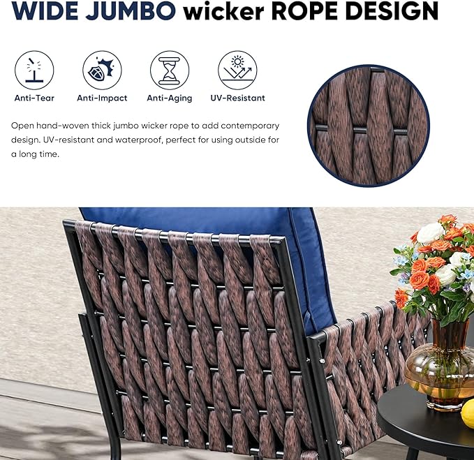 3-Piece Patio Furniture Set, Armchairs with Coffee Table,Modern Wicker Outdoor Conversation Set with Waterproof Thick Cushion for Deck,Backyard,Porch,Navy