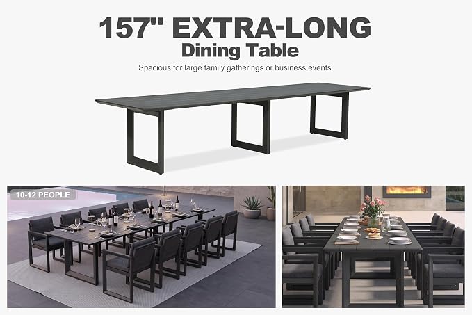PURPLE LEAF Outdoor Dining Set for 12 Aluminum Oversize Patio Furniture Table and Chairs Set with All Weather Thick Cushion Rectangular Patio Dining Sets for Large Backyard Garden Poolside, Grey