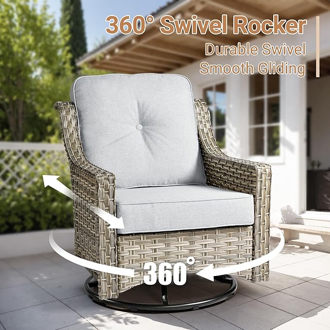 HOOOWOOO Patio Furniture Set,6 Pieces Wicker Outdoor Furniture,High Back Conversation Set with All Weather Resistant Fire Pit Table Couch Swivel Chairs,Light Gray