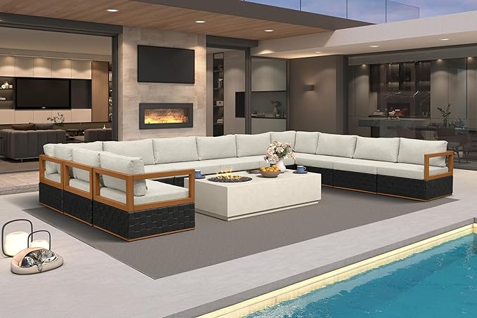 PURPLE LEAF Patio Outdoor Furniture Set 11 Pieces, Premium Leather Outdoor Couch Sectional Sofa, Patio Conversation Sets with Olefin Cushions, Patio Couch for Porch, Balcony, Garden, Black