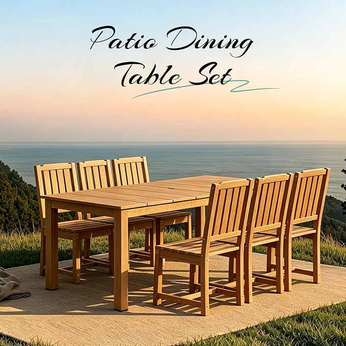 PLUUV 7-Piece Outdoor Dining Set – HDPE Patio Furniture with Umbrella Hole Table, Aluminum Legs, and 6 Armless Chairs, Weatherproof & Easy-Clean for Backyard, Garden, Brown