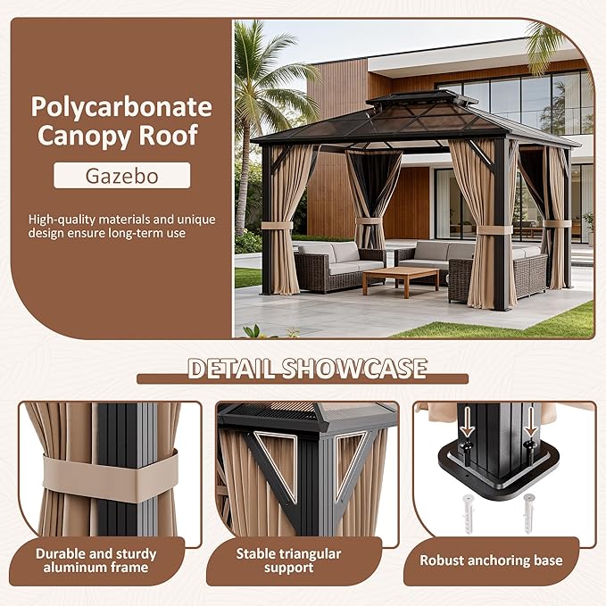 AirWire 10'x12' Hardtop Gazebo, Outdoor Polycarbonate Roof Canopy, Aluminum Frame Permanent Pavilion with Curtains and Netting, Sunshade for Garden, Patio, Lawns