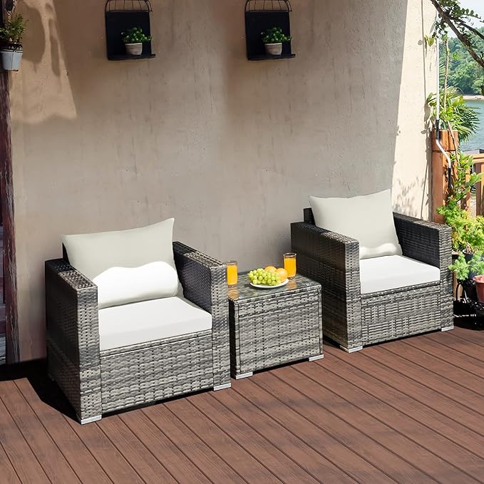 DORTALA 3 Pieces Patio Furniture Set, Outdoor Rattan Sofa Couch Set with Cushions, Tempered Glass Coffee Table, Wicker Patio Conversation Set for Lawn Backyard Poolside Balcony, White