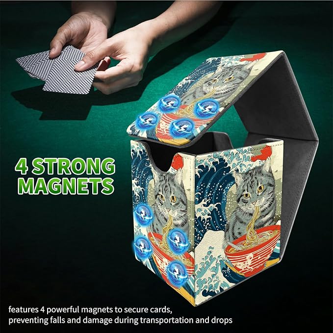 Wave Noodles Cat Card Deck Box for MTG, Personalized Card Storage Case Fits 120+ Sleeved Cards, Premium Leather TCG Box with Strong Magnetic Closure for Magic, CCG, PTCG, Baseball Cards