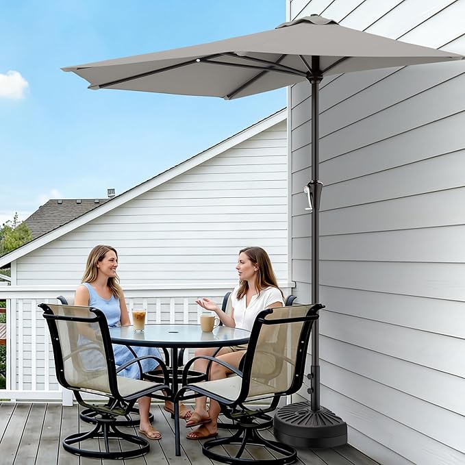 AreShark 9FT Half Patio Umbrella, Outdoor Wall Umbrella with Crank & 5 Sturdy Ribs, Table 1/2 Umbrella Patio for Garden, Deck, Balcony and Pool, Foggy Gray