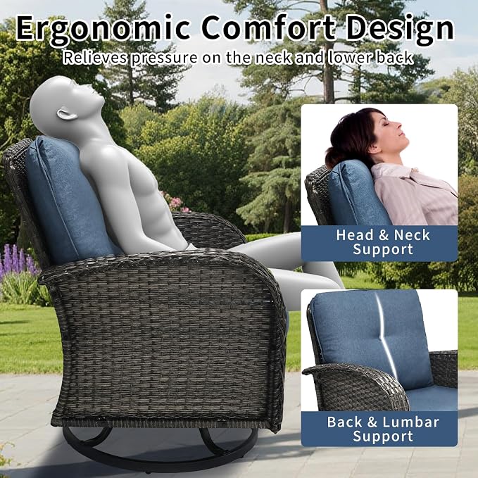 3 Piece Outdoor Swivel Rocker Patio Chairs, All-Weather Rattan Chair, Wicker Glider Patio Furniture Set with Side Table, for Garden, Backyard, Deck, Gray Rattan & Blue Cushions