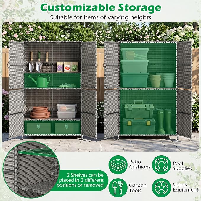 Tangkula Rattan Outdoor Storage Cabinet, Patiojoy Outdoor Cabinet with 2 Adjustable Shelves, 4 Doors, Patio Storage Deck Box Table for Patio Garden Poolside