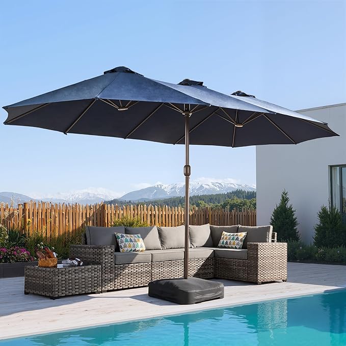 15Ft Patio Umbrella - Large Beach Umbrella W 12 Sturdy Ribs,UPF50 Outdoor Table Umbrella,Picnic Market Umbrella W Base Crank Handle for Pool,Yard,Garden