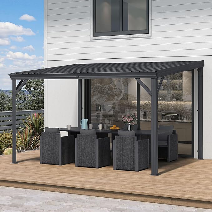 PURPLE LEAF 10' x 12' Outdoor Wall Mounted Gazebo Metal Roof Patio Cover with Drainage System Outdoor Living Shelter for Family Gatherings Backyard Lounge and Dining Area