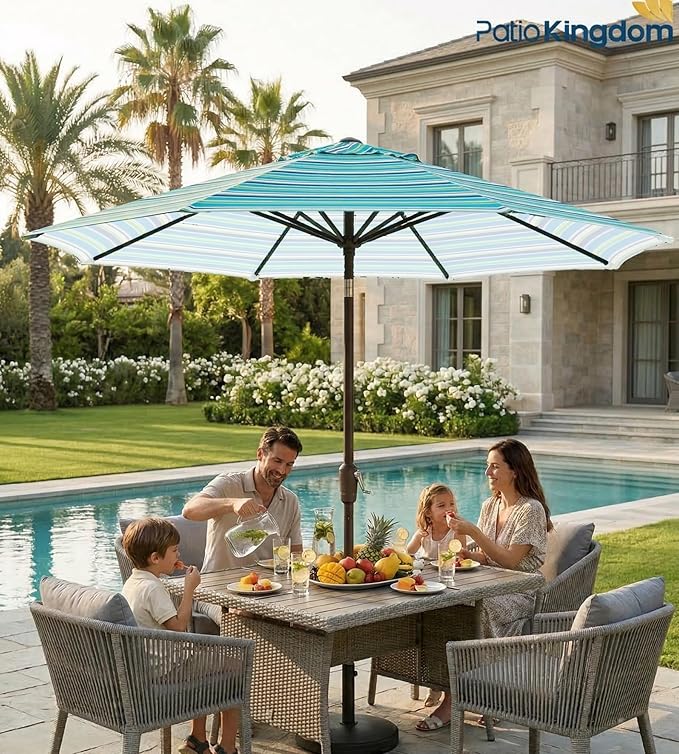 PatioKingdom 9FT Patio Outdoor Umbrella-UPF 50+ Sun Shade with Wind Vent, Push-Button Tilt & Smooth Crank Lift, Rust-Resistant Fiberglass Frame for Garden, Backyard,Yard (Blue Green Stripes)