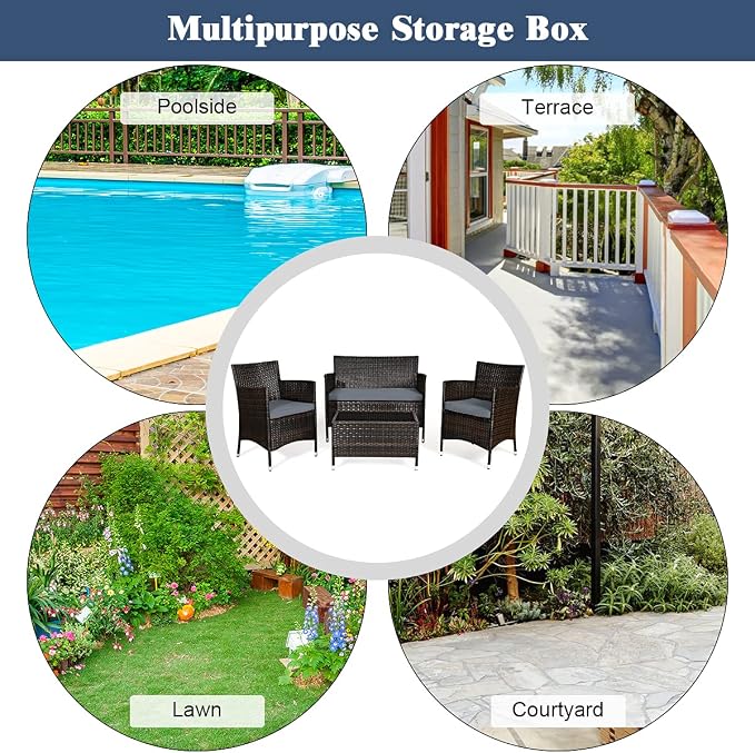 COSTWAY 4PCS Rattan Patio Furniture Set | Outdoor Wicker Rattan Chairs with Coffee Table, Rattan Cushioned Conversation Set for Backyard Balcony Porch Poolside, Grey