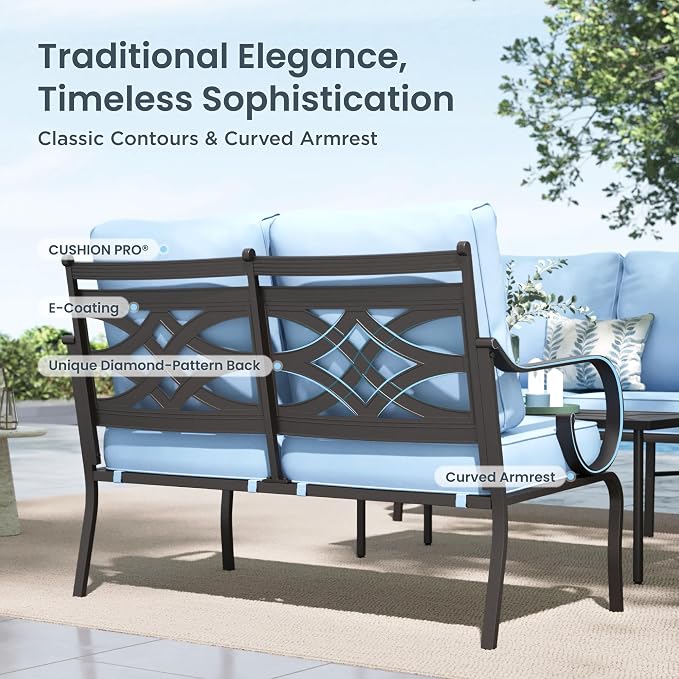 PHI VILLA Patio Furniture Set, a Loveseat, 3-Seater Sofa, 2 Fixed Chairs and a Coffee Table, Outdoor Metal Conversation Set with 5.75" Extra Thick Cushion for Garden Backyard Deck, Blue