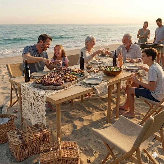 Folding Picnic Table, Pine Wood Festive Gift, 60" x 30", Large Portable Design, for Indoor and Outdoor, Camping, Garden, Party, Beach, Wedding, with Boho Crochet Table Runner