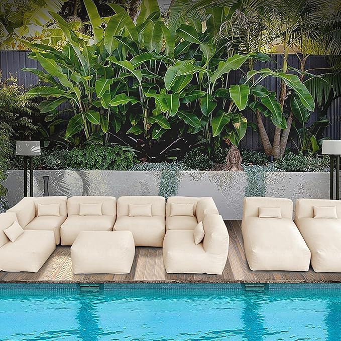Patio Conversation Set Bean Bag Eraclea 9C Outdoor Chairs Sectional Daybed Furniture Outdoor Sofa Couch High Density Foam Filling Modern Comfy Patio Couch (Light Beige)