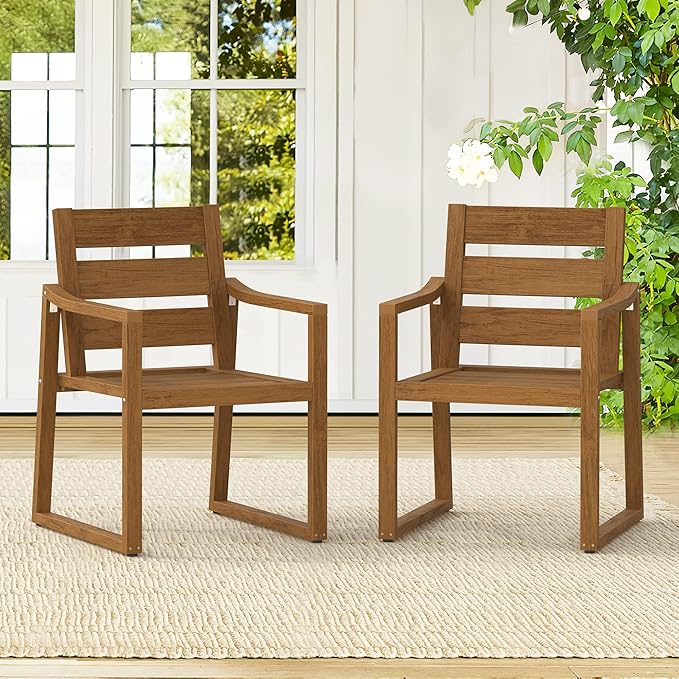 Cozyman HDPS Patio Dining Chairs Set of 8, 350LBS, with Armrest, All Weather Kitchen Chairs with Square Frame Legs for Outdoor Indoor, Backyard, Teak Color-Oil Printed