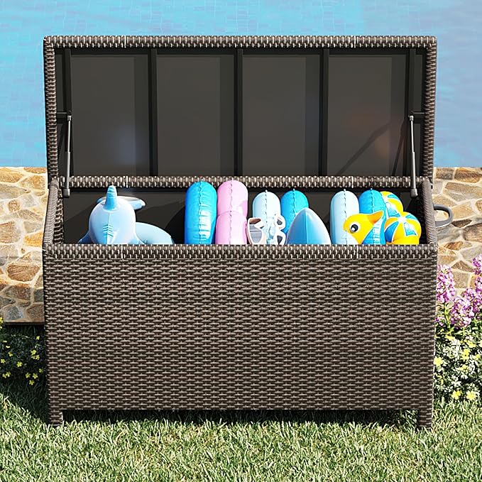 185-Gallon Outdoor Deck Box with Wheels, Waterproof PE Rattan & Aluminum Frame Storage Bin, Lockable Patio Furniture Chest for Cushions, Garden Tools, Pool Toys, Brown