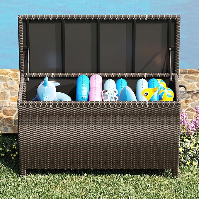 IDEALHOUSE 125 Gallon Outdoor Storage Deck Box with Wheels, Waterproof PE Rattan Garden Storage Chest for Patio, Balcony, Poolside, and Backyard, Portable Storage Container with Handles, Brown