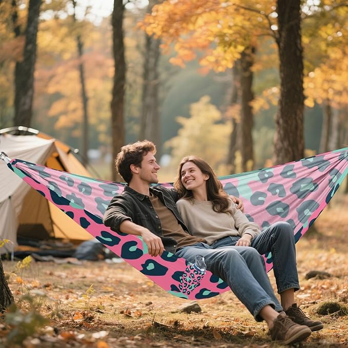 Pink and Green Leopard Print 330lb Capacity Outdoor Hammocks with Portabl Carry Bag Cloth Hammock for Patio Backyard Lounge Base hamaca con Base para adultos
