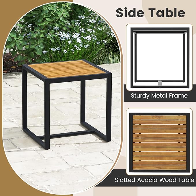 HAPPYGRILL 3 Pieces Patio Wicker Conversation Set with Acacia Wood Table, Outdoor PE Rattan Furniture Set for Poolside Backyard Lawn Garden