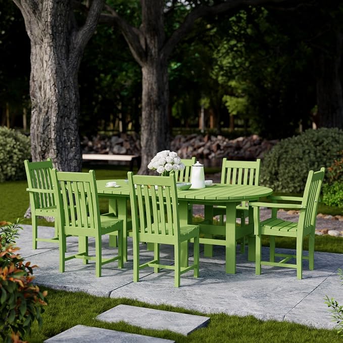 Wildridge Classic 7-Piece 44"x84" Dining Set, Lime Green - Outdoor Weather Resistant Recycled Plastic Furniture for Patio