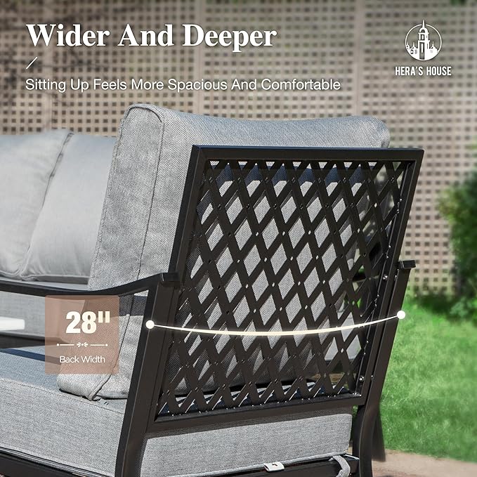 HERA'S HOUSE 5 Piece Metal Patio Furniture Set, 7 Seats All Weather Outdoor Conversation Set, 3 Seat Sofa with Loveseat, 2 Fixed Chairs, Coffee Table for Backyard, Garden, Deck, Grey