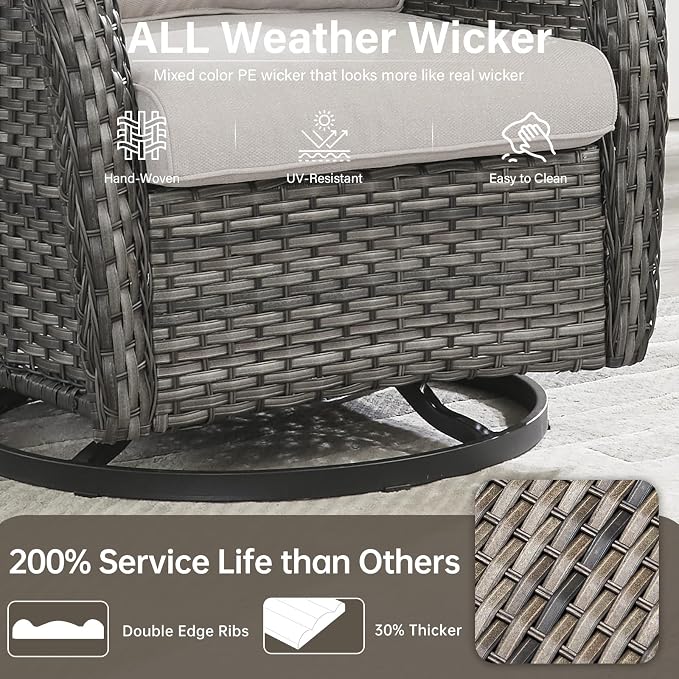 Outdoor Swivel Rocker Patio Chairs Set of 4 with Ottoman Coffee Table - 5" Thick Cushion 8 Piece Furniture Set All Weather Comfortable Wicker Conversation Set for Porch Deck - Gray/Beige