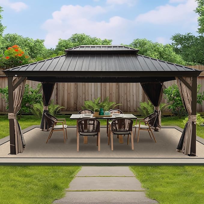 Kozyard Alexander 12‘ X 16’ Hardtop Aluminum Permanent Gazebo with a Mosquito Net and Privacy Sidewalls, Permanent Gazebo Pavilion for Patio, Backyard (Brown)