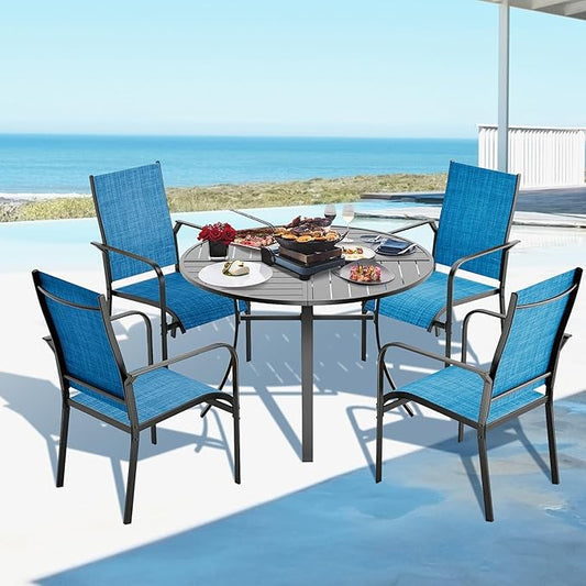 BUPPLEE 5-Piece Round Patio Dining Set with 42" Aluminum Table & 4 Textilene Chairs, Umbrella Hole, Waterproof Outdoor Furniture for Lawn, Deck, Backyard-Blue