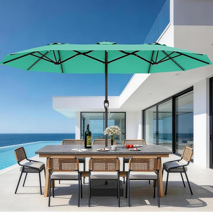 AreShark 15FT Outdoor Patio Umbrella with Crank, Large Rectangular Market Umbrella, Double-Sided Outdoor Umbrellas with Cross Base & Sandbag for Porch, Lawn, Pool, Backyard, Cerulean