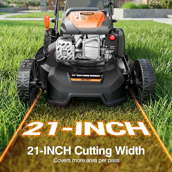 21” Self Propelled Lawn Mower Gas, 170CC 4-in-1 Mulch/Rear Bag/Side Discharge/Rear Discharge, Walk-Behind Gas Lawnmower with 7-Position Cutting Height, Foldable Gas Powered Lawn Mowers for Yard Garden