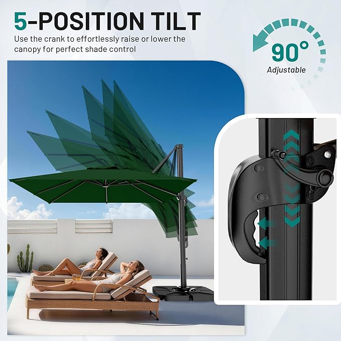 AreShark 10 × 10FT Square Cantilever Patio Umbrella with Base Included, 360° Rotation Offset Outdoor Umbrella, 5 Tilt Settings Heavy Duty Hanging Parasol for Deck Garden Pool, Dark Green