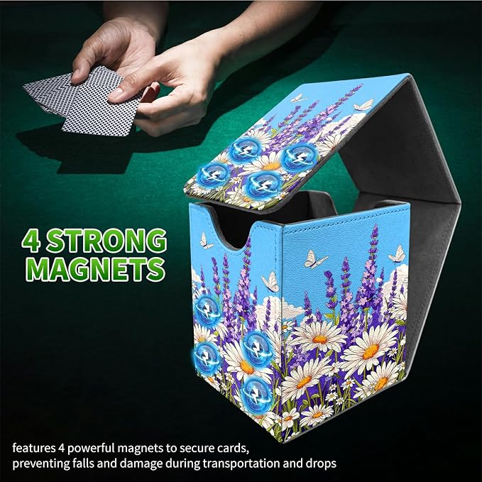 Blue Sky Lavender Card Deck Box for MTG, Personalized Card Storage Case Fits 120+ Sleeved Cards, Premium Leather TCG Box with Strong Magnetic Closure for Magic, CCG, PTCG, Baseball Cards