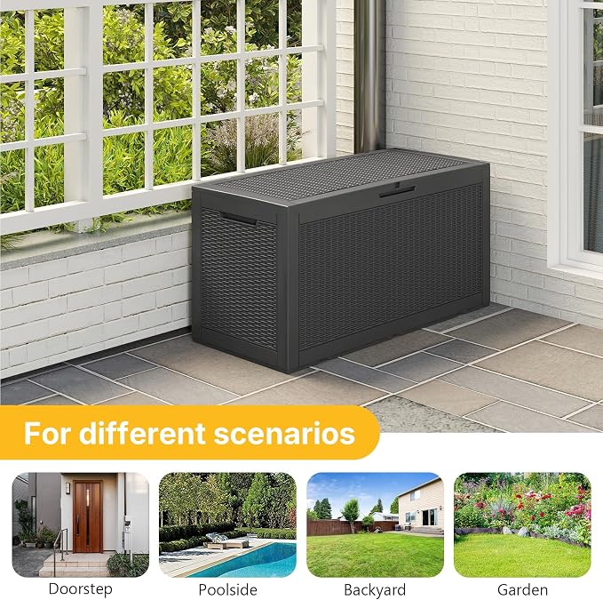 Skepphlay 100 Gallon Deck Box Outdoor Waterproof, Rattan Outdoor Storage Box, Patio Storage Boxes for Cushions, Pillow, Garden Tools, Equipment