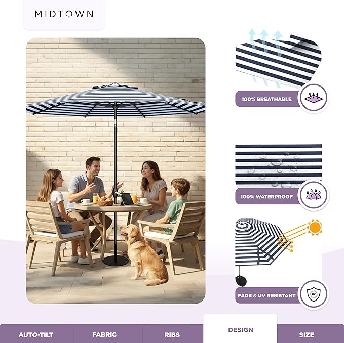 Midtown Umbrellas - 10-Year-No-Fade 9 Ft Patio Umbrella with Terylast Fabric, Auto-Tilt Aluminum Frame and 8 Reinforced Ribs for Deck, Pool, Garden & Beach - Navy Stripes Canopy, Black Pole