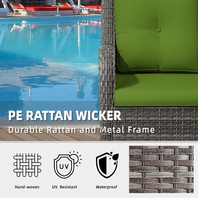 6 Pcs Patio Furniture Set with Fire Table-31'' Fire Pit Table, 1 Side Table, 4 Outdoor Rattan Wicker Conversation Chairs (2 Fixed & 2 Swivel) （Green）