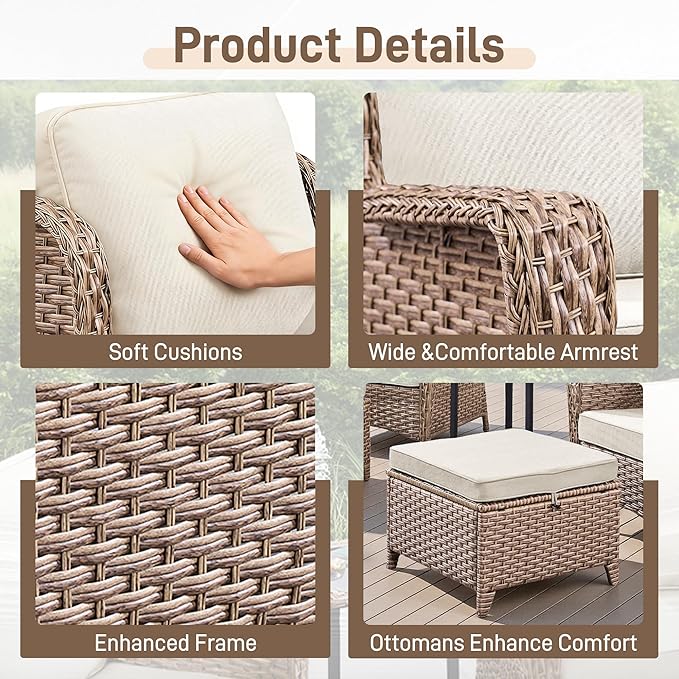 5 Piece Patio Furniture Set with Ottomans, PE Wicker Outdoor Chairs with Cushions & Tempered Glass Table, Space-Saving Balcony Furniture Set for Porch, Garden, Backyard, Beige