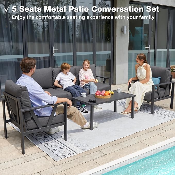 Outdoor Patio Furniture Set, 4 Pieces Metal Patio Furniture Set with Coffee Table, Modern Outdoor Patio Conversation Seating Set, Grey