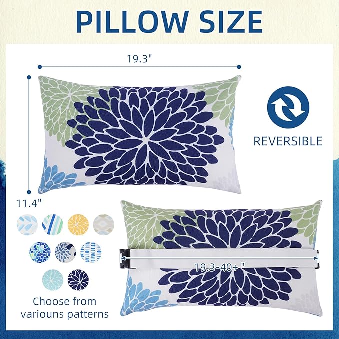 Chaise Head Rest Pillows Set of 2, Outdoor Lounge Pillow Lumbar Pillows with Insert and Adjustable Elastic Strap Decorative Pillows for Patio Beach Pool Chair, Dark Blue Green Flower