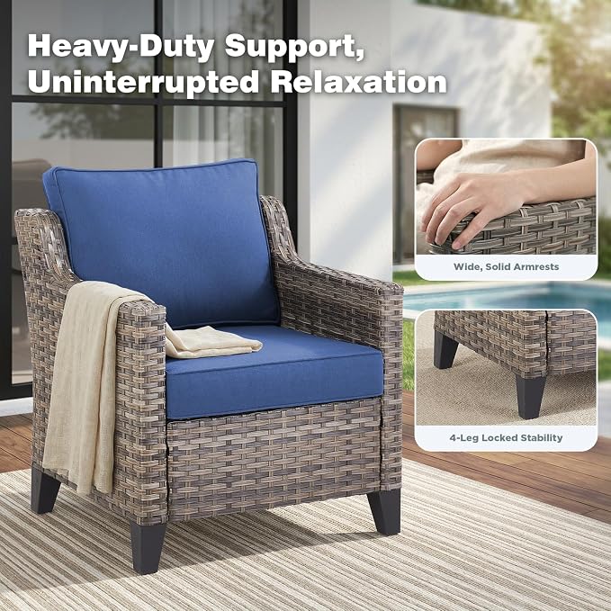 Belord Patio Chairs Set of 2 with 3-Seater Sofa, Outdoor Rattan Chairs for Deck Porch Garden, 5 Piece Patio Conversation Furniture Set,Blue