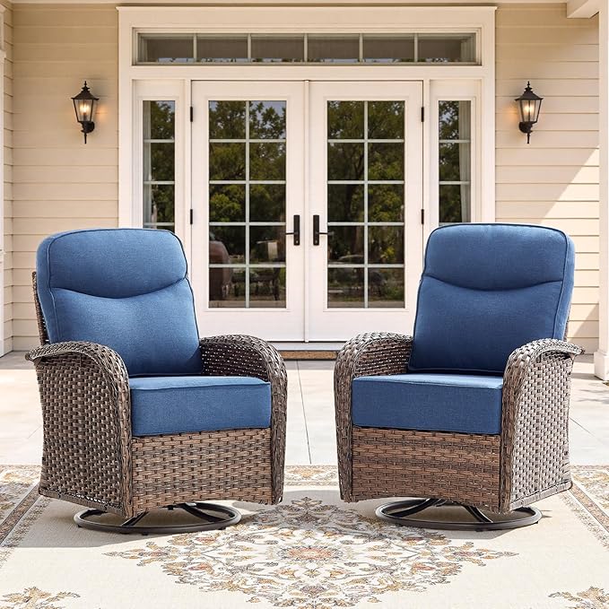 2-Piece Luxury Patio Conversation Set with 6-Inch Thick Cushions, High-Back Outdoor Swivel Rocking Chairs & Side Table, All-Weather Furniture Set for Porch, Deck, Balcony or Backyard – Blue